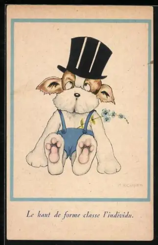 AK Kleiner Hund in Latzhose mit Zylinder