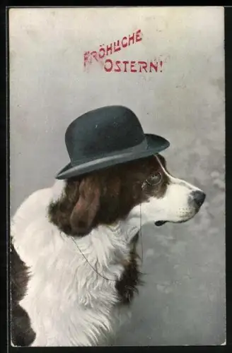 AK Hund mit Melone auf dem Kopf, Ostergruss