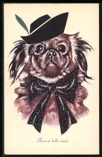 AK Pekinese mit Federhut und grosser Schleife um den Hals