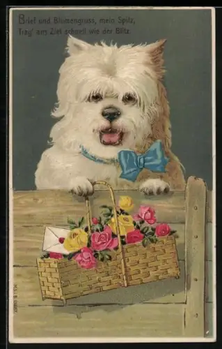 AK Weisser Terrier mit Rosenkorb