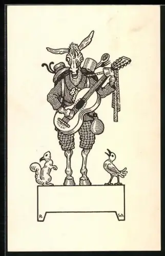 AK Esel als Hausierer mit Gitarre, Eichhörnchen und Vogel als Zuhörer