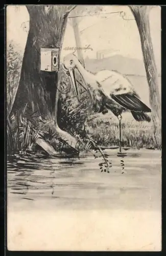 AK Klapperstorch telefoniert mit Telefon am Baum