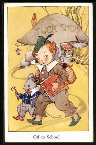 AK Knabe und Mäuserich im Anzug beim gemeinsamen Schulgang