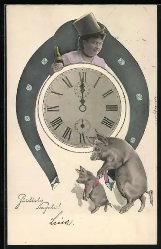 AK Schwein legt Jungem einen Schal um, Uhr, Junge Dame mit Sekt, Neujahrsgruss