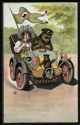 AK Junge Dame im Auto mit Bär als Chauffeur, Bärenjunges mit Wimpeln auf der Motorhaube