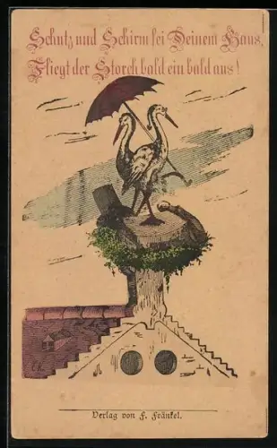 AK Storchenpaar mit Schirm u. Zylinder im Nest auf einem Schornstein