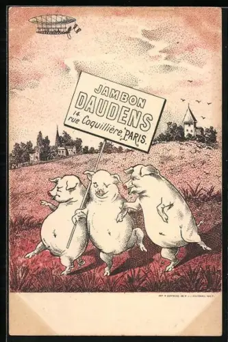 Lithographie Drei Schweine tanzen auf der Wiese vor einer Ortschaft, Zeppelin