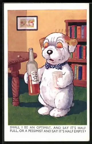 AK Hund mit Fliege sinniert über den Füllstand seiner Flasche