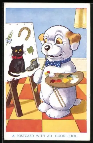 AK Hund mit Farbpalette vor Katzenportrait auf der Staffelei