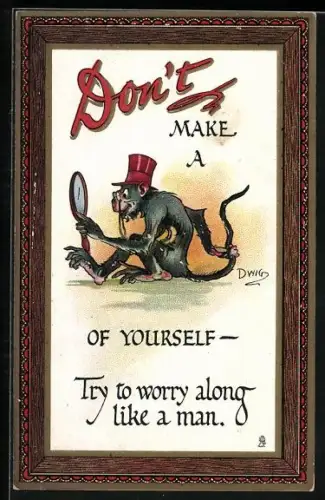 AK Affe mit Zylinder und Brille betrachtet sich im Spiegel