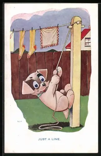 AK Hund hält Wäscheleine im Garten fest