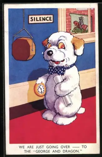 AK Hund mit Wecker und Schriftrolle vor einem Gong