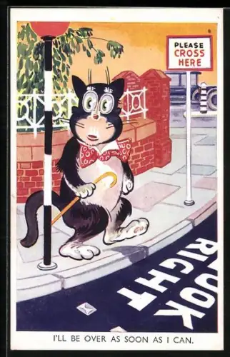 AK Kater mit Fliege und Spazierstock will eine Strasse überqueren