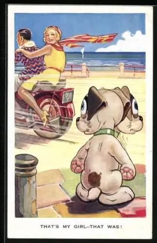 AK Eifersüchtiger Hund sieht junges Mädchen auf einem Motorrad wegfahren