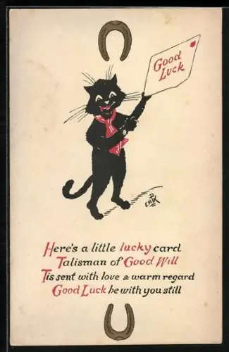 AK Schwarze Katze mit Schal hält Glückwunschkarte in der Hand, Hufeisen