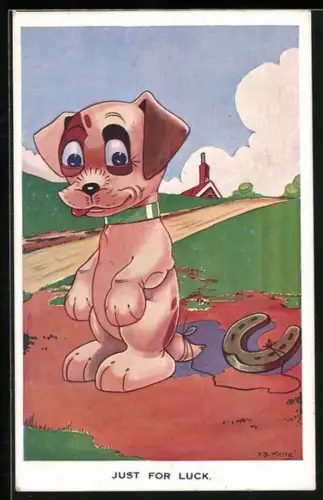 AK Hund mit an den Schwanz gebundenem Hufeisen