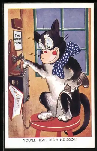 AK Hund beim Telefonieren an einem Münztelefon