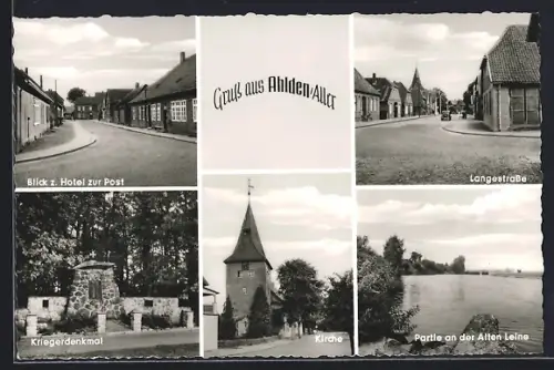 AK Ahlden /Aller, Hotel zur Post, Kirche, Kriegerdenkmal, Partie an der Alten Leine