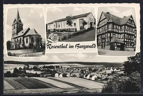 AK Rosenthal im Burgwald, Kirche, Schule, Fachwerkhaus, Ortsansicht