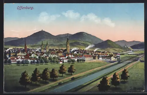 AK Offenburg, Stadtpanorama mit Kirche