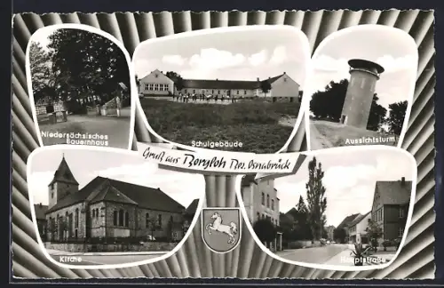 AK Borgloh /Osnabrück, Niedersächsisches Bauernhaus, Schulgebäude, Aussichtsturm, Kirche, Hauptstrasse