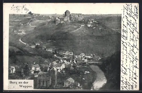 AK Burg an der Wupper, Ortsansicht mit Burg und Fluss