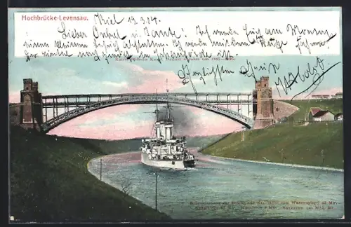 AK Levensau, Hochbrücke, Kaiser-Wilhelm-Kanal, Kriegsschiff
