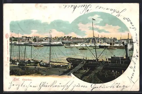 AK Kiel, Gaarden, Hafenansicht mit Segelschiffen und Werft