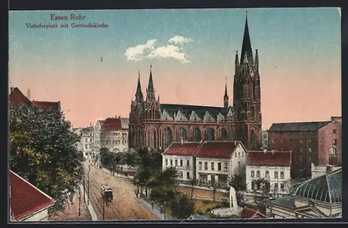 AK Essen /Ruhr, Viehoferplatz, Gertrudiskirche