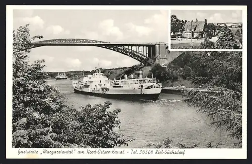 AK Kiel-Suchsdorf, Gaststätte Margartental am Nord-Ostsee-Kanal, Brücke, Schiff