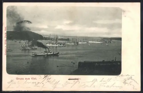 AK Kiel, Hafenansicht mit Dampfschiffen und Kriegsschiffen