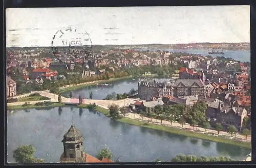 AK Kiel, Blick vom Rathausturm auf Stadt und Hafen