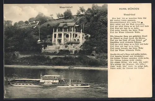 AK Hann. Münden, Weserkastell, Dampfschiff auf der Weser