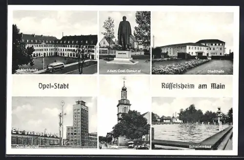 AK Rüsselsheim am Main, Marktplatz, Adam-Opel-Denkmal, Opel-Bahnhof, Stadthalle, Kirche, Schwimmbad