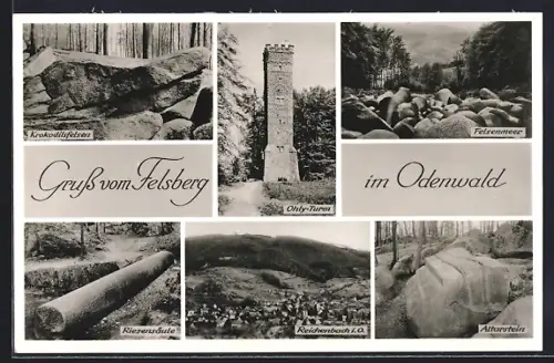 AK Felsberg im Odenwald, Ohly-Turm, Felsenmeer, Krokodilfelsen, Riesensäule, Altarstein