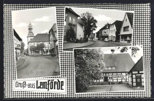 AK Lemförde, Ortsansichten mit Kirche und Fachwerkhaus