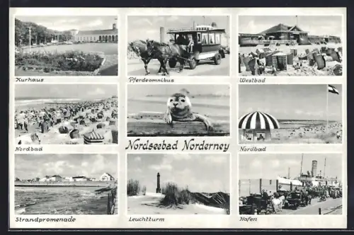 AK Norderney, Kurhaus, Pferdeomnibus, Westbad, Nordbad, Strandpromenade, Leuchtturm, Hafen