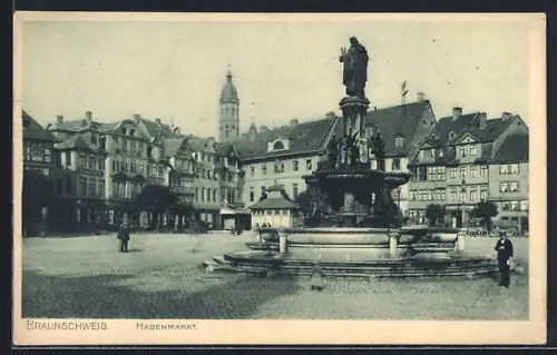 AK Braunschweig, Hagenmarkt, Brunnen, historische Gebäude