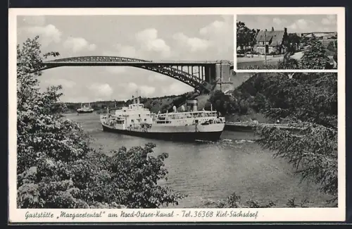AK Kiel-Suchsdorf, Gaststätte Margaretental am Nord-Ostsee-Kanal, Hochbrücke, Schiffe