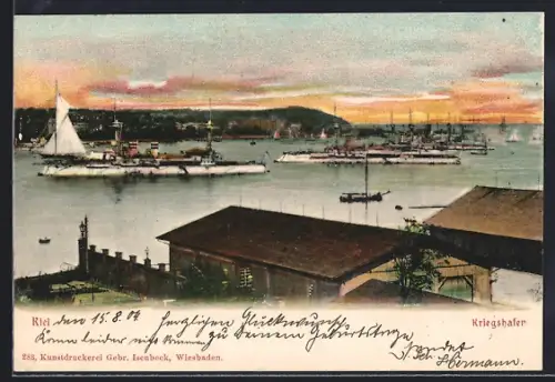 Lithographie Kiel, Kriegshafen, Schiffe, Hafenanlagen