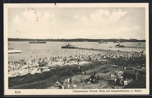 AK Kiel, Falkensteiner Strand, Blick auf Dampferbrücken und Hafen