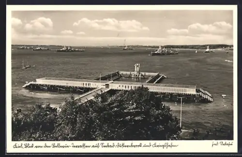 AK Kiel, Blick von den Bellevue-Terrassen mit Seebad Düsternbrook u. Kriegshafen