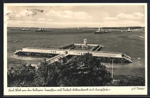 AK Kiel, Blick von den Bellevue-Terrassen auf Seebad Düsternbrook, Kriegshafen