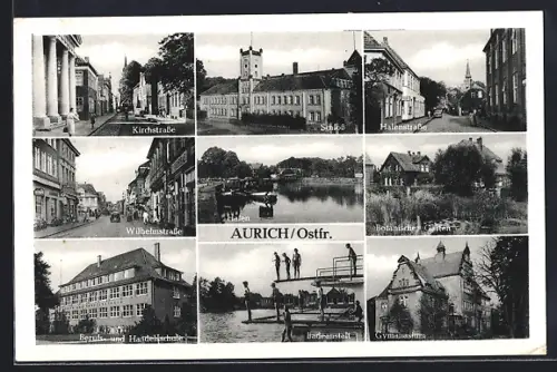 AK Aurich /Ostfr., Schloss, Hafen, Berufsschule, botanischer Garten, Gymnasium, Strassenansichten