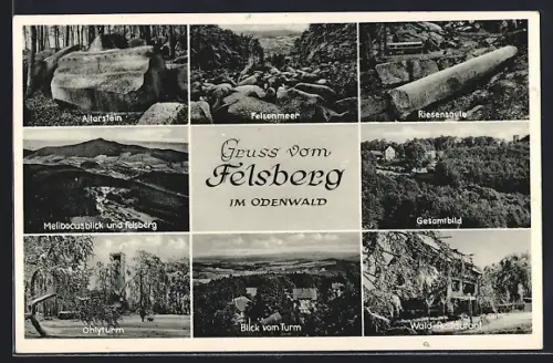 AK Felsberg /Odenwald, Altarstein, Felsenmeer, Riesensäule, Ohlyturm, Wald-Restaurant