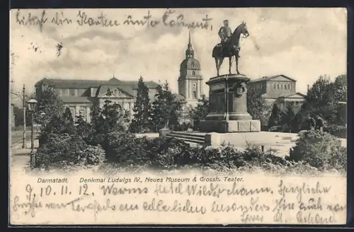 AK Darmstadt, Denkmal Ludwigs IV., Neues Museum, Grossh. Theater