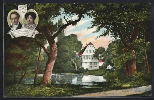 AK Frankfurt-Oberrad, Gerbermühle m. Weiher, Porträts Marianne v. Willemer u. Goethe