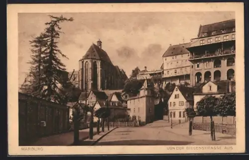 AK Marburg, Blick von der Biegenstrasse auf Kirche und Schloss