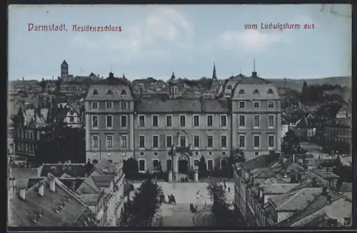 Lithographie Darmstadt, Residenzschloss vom Ludwigsturm aus