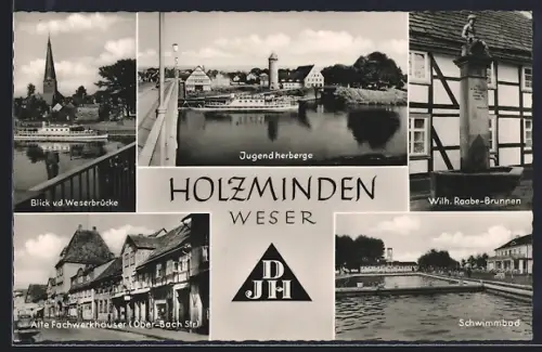 AK Holzminden /Weser, Jugendherberge, Weserbrücke, Wilh. Raabe-Brunnen, Schwimmbad, Fachwerkhäuser